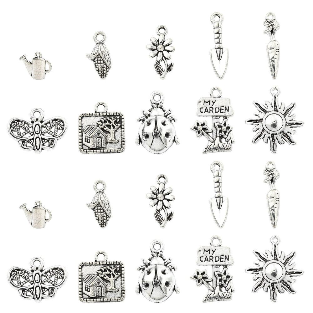 7868 100 pcs 10 Styles Tibetan Style Garden Theme Alloy Charms Corn Ladybug